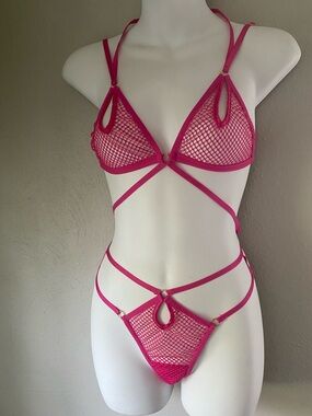 Victoria's Secret Hot Pink Fishnet Strappy Lingerie Set